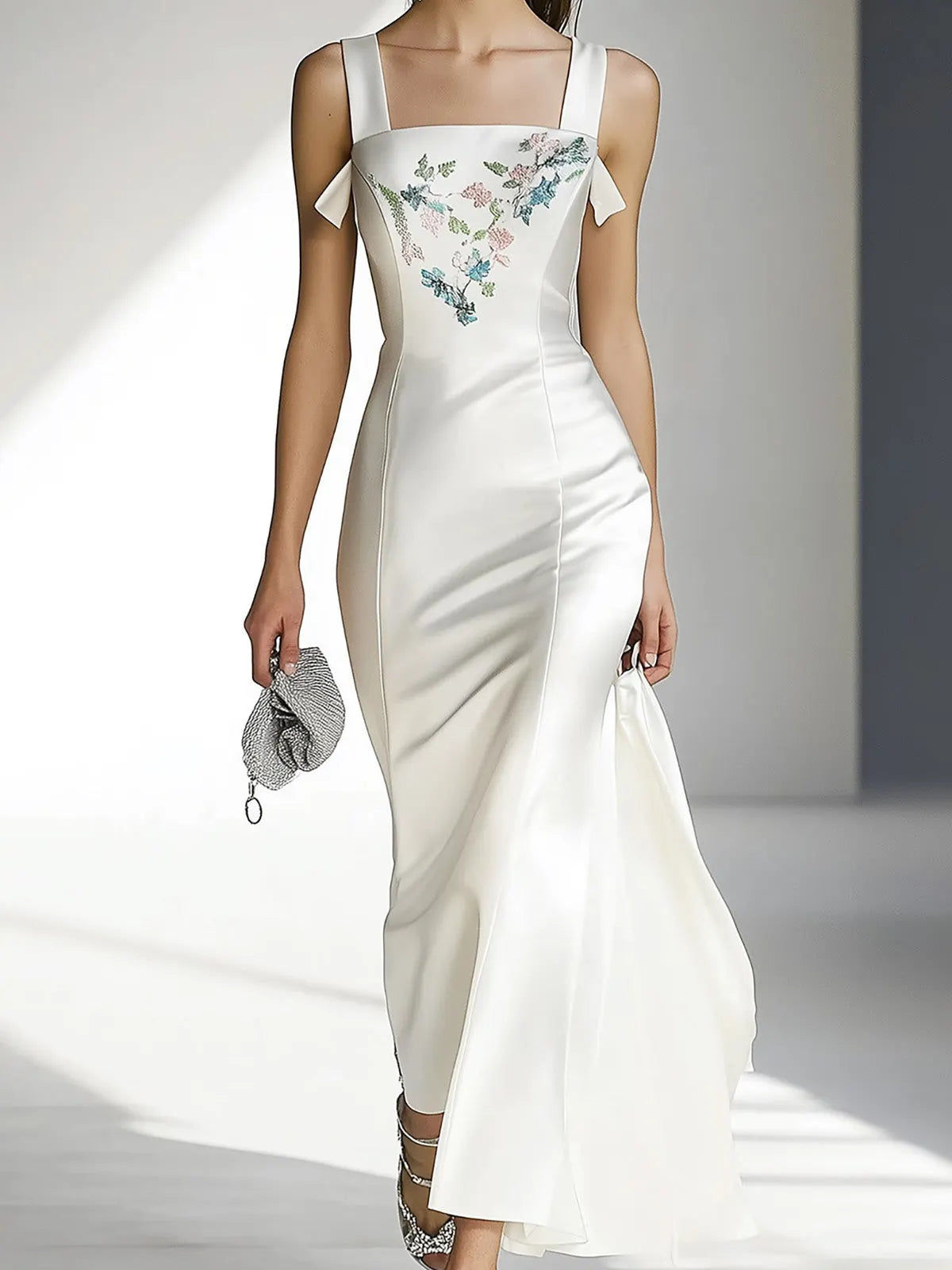 White Satin Embroidered Dress