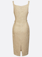 Golden Buckle Pocket Stitching Tweed Spaghetti Sleeveless Sheath Midi Dress