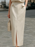 Elegant Sleeveless Blazer Vest & Slit Midi Skirt Two-Piece Set