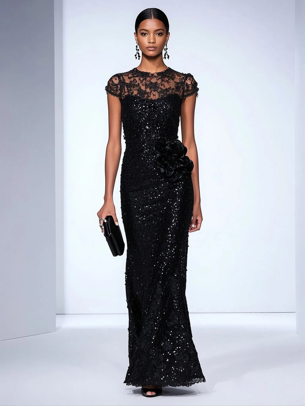 Black 3D Floral Lace Sequin Crew Neck Short Sleeve Sheath Maxi Dress