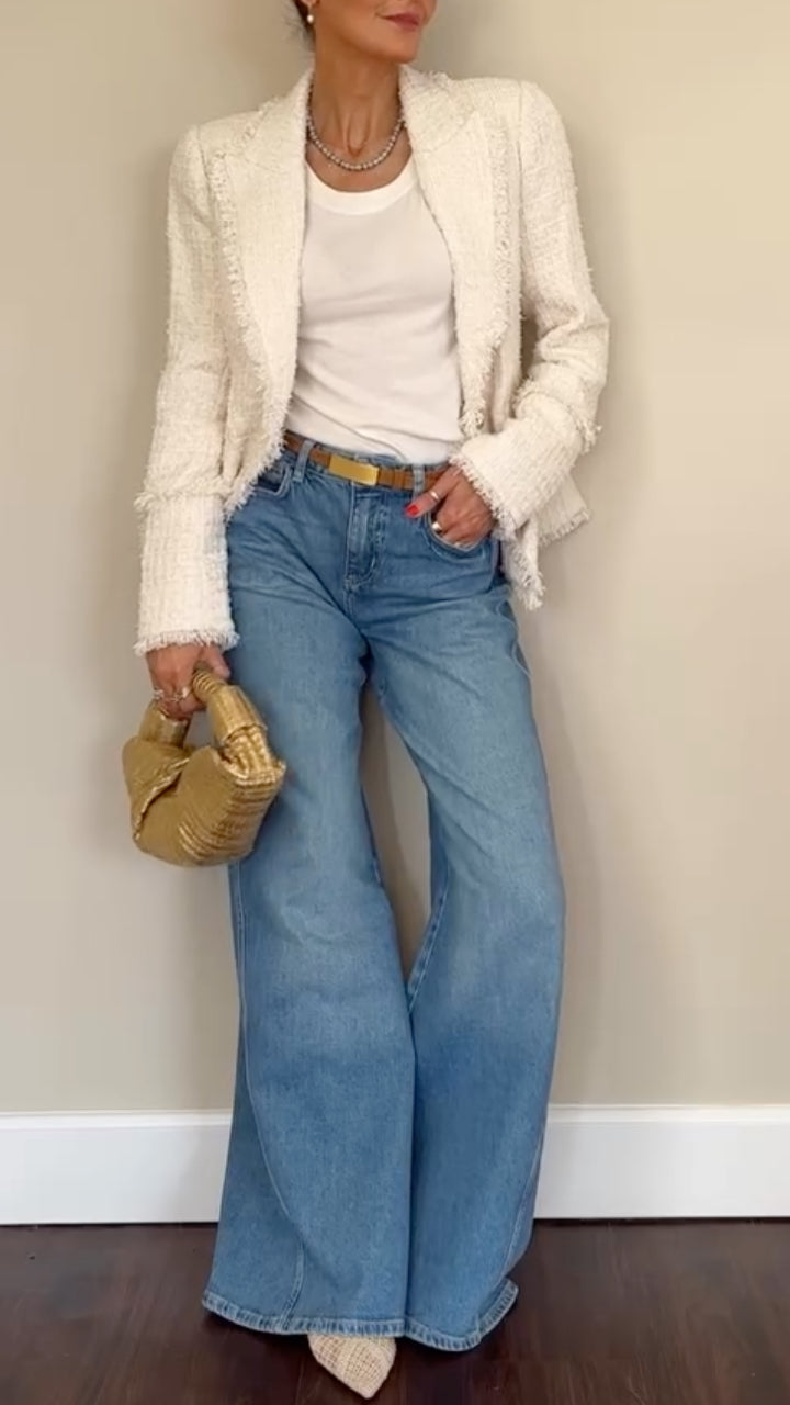 White Tweed Blazer & Wide‐Leg Denim Outfit