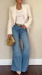 White Tweed Blazer & Wide‐Leg Denim Outfit