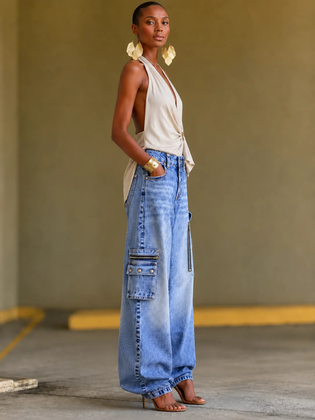 Multi Pocket Cargo Denim Baggy Jogger Pants