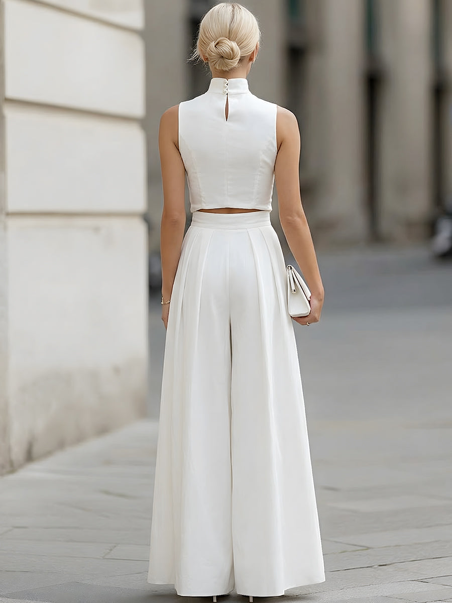 Mock Neck Ruched Crop Top & Wide-Leg Pants Set