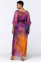 Xpluswear Design Plus Size Cocktail Party Purple Tie Dye Round Neck Flare 3/4 Sleeve Ruched Chiffon Maxi Dresses