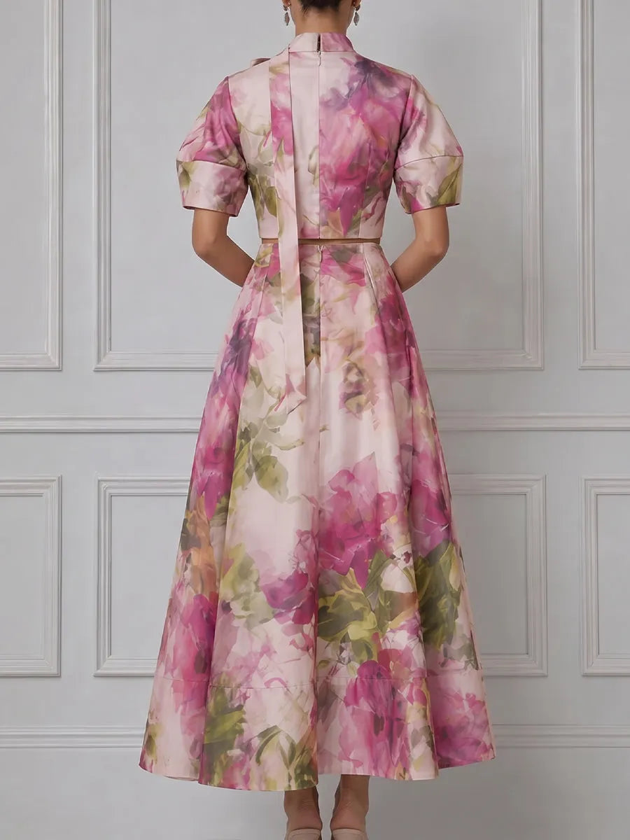 Floral Print Bow-Tie Cropped Top And A-Line Midi Skirt Set