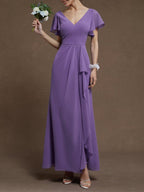 Purple Ruched V Neck Ruffle Sleeve A-Line Maxi Chiffon Bridesmaid Dress
