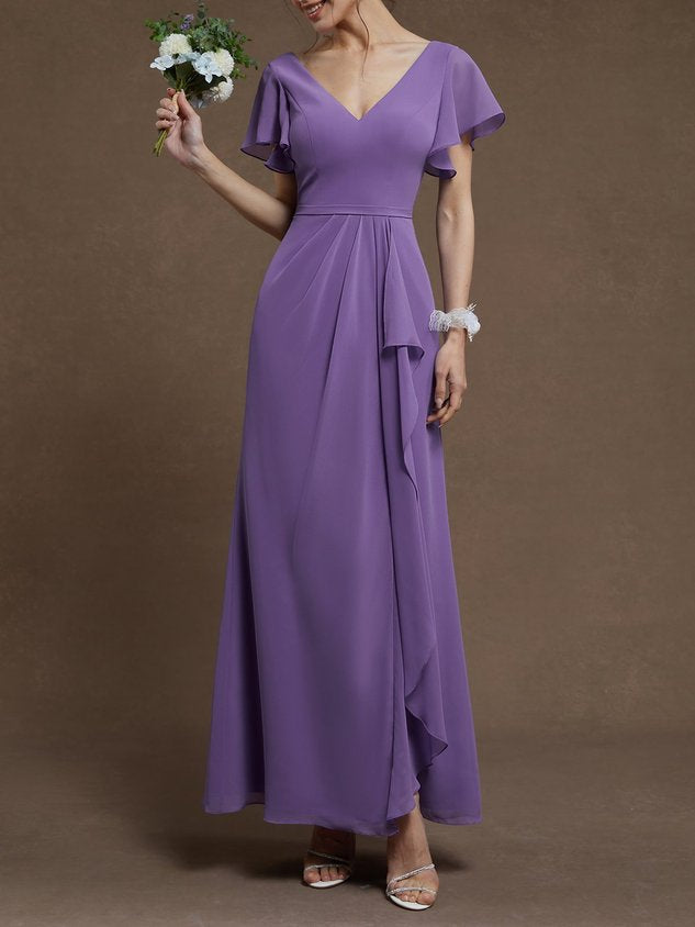 Purple Ruched V Neck Ruffle Sleeve A-Line Maxi Chiffon Bridesmaid Dress