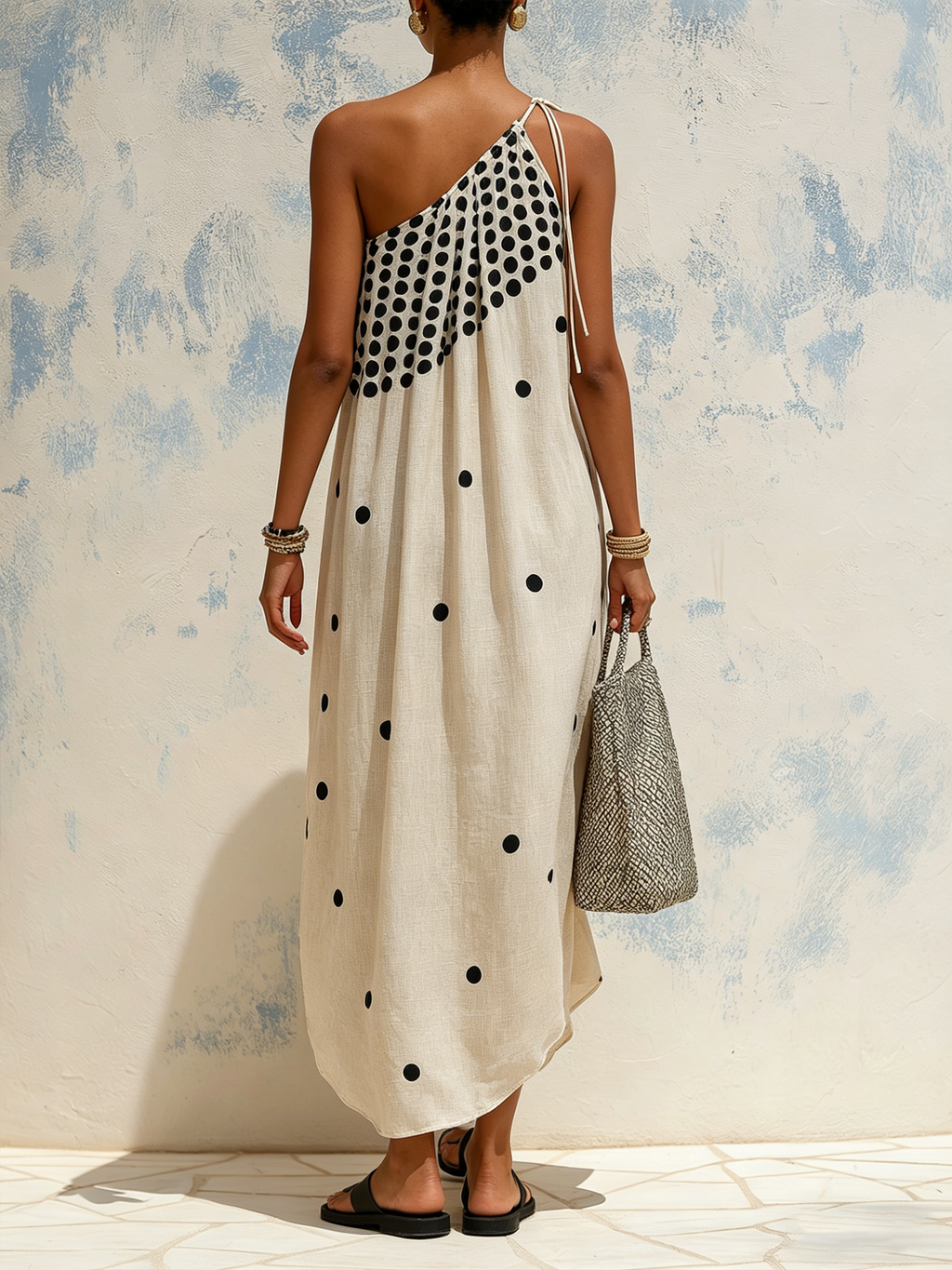 Polka Dot One-Shoulder Linen-Blend Maxi Dress