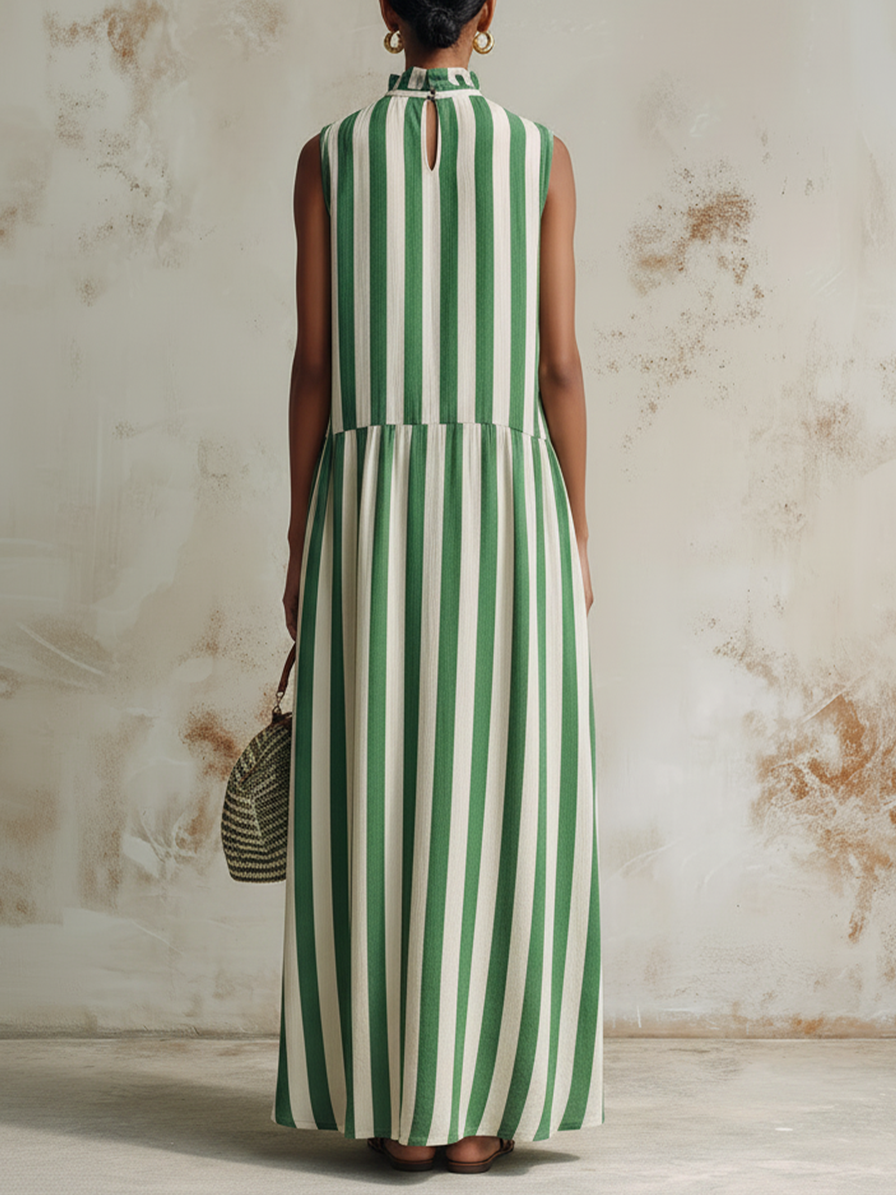 Green & White Striped Sleeveless Maxi Dress With Ruffle Neck