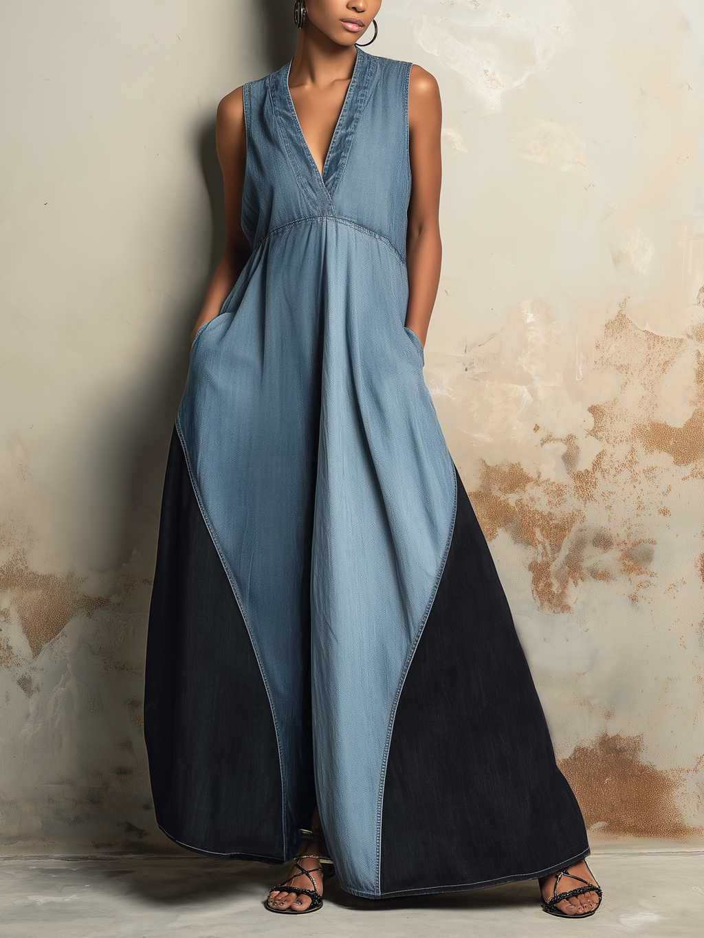 Two-Tone Denim Sleeveless Wide-Leg Jumpsuit