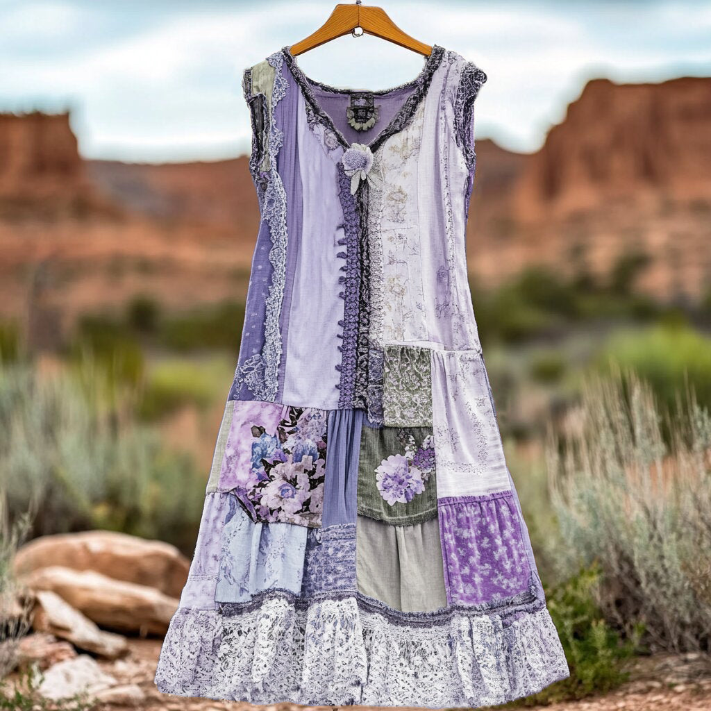 Women's Vintage Floral Lace Patch Comfort Dress d268