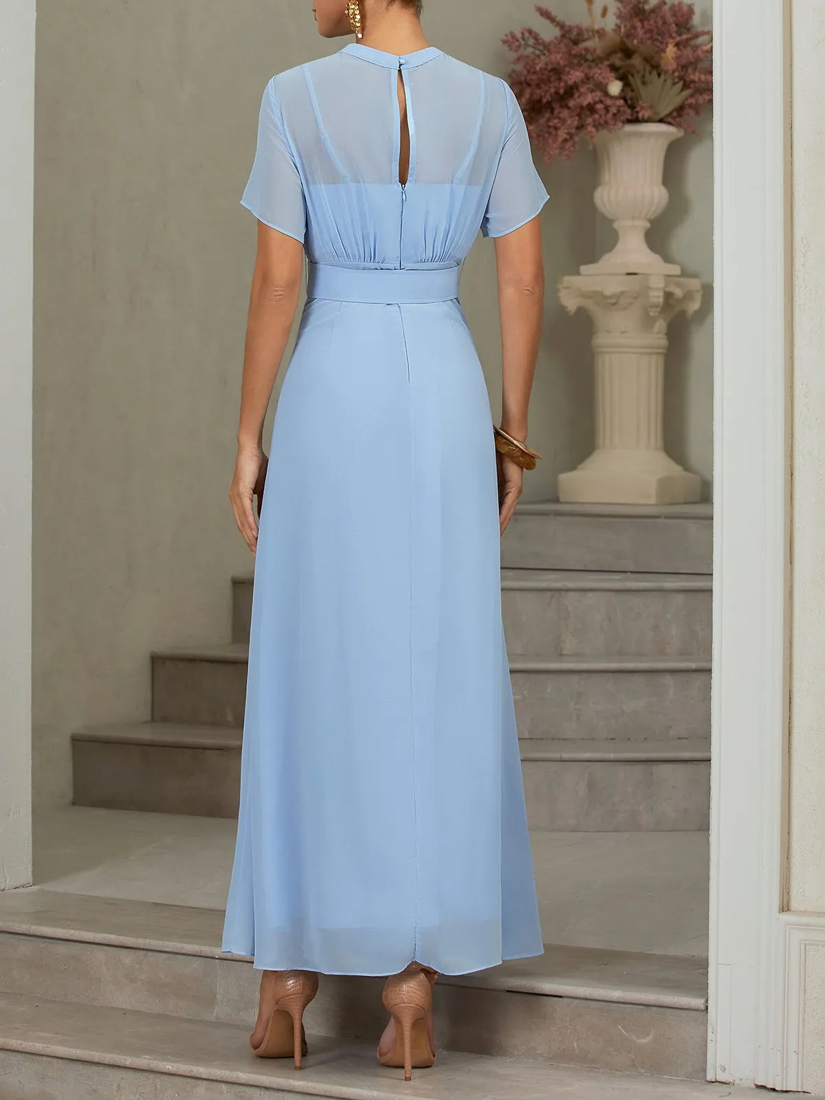 Light Blue Ruched Chiffon Crew Neck Short Sleeve A-Line Maxi Dress