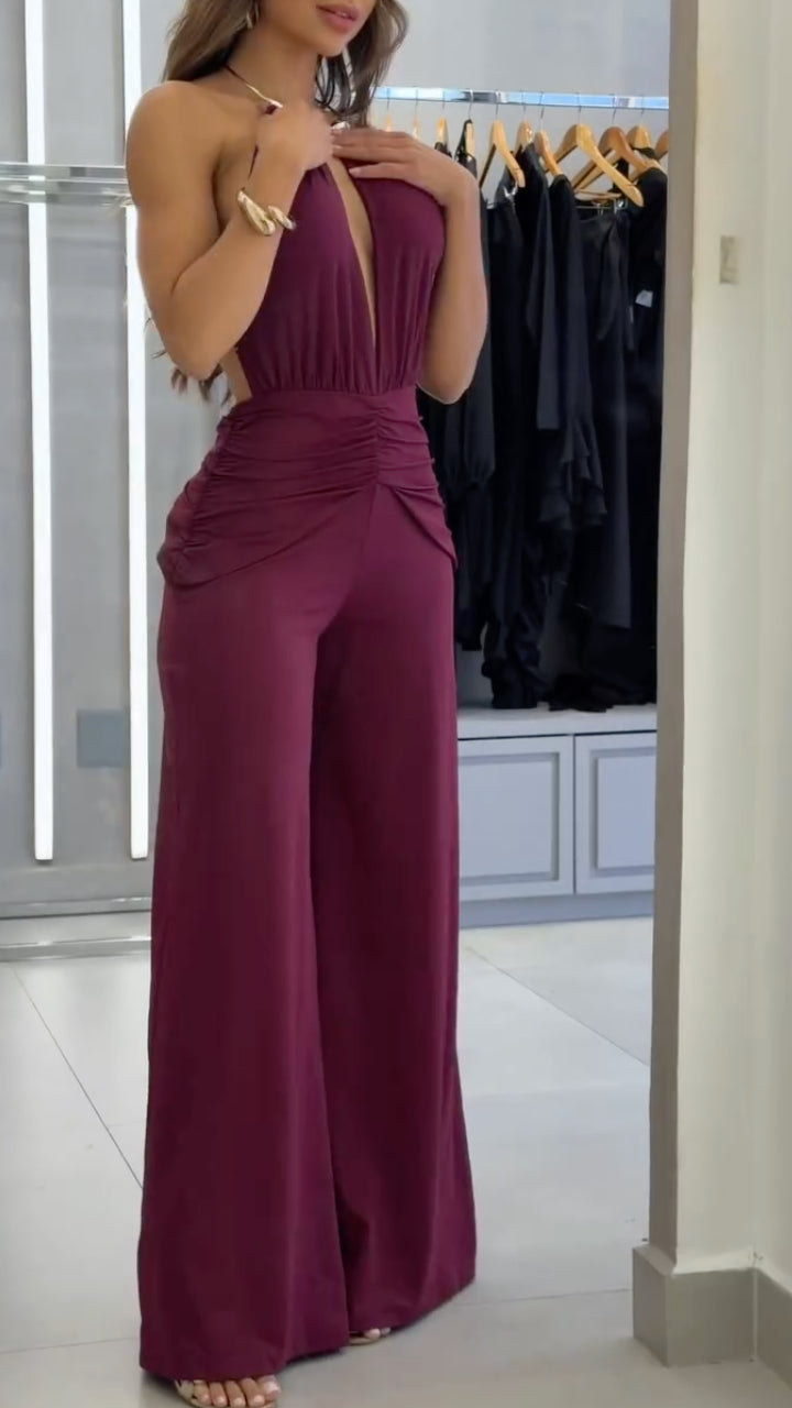 Halter Keyhole Ruched Wide Leg Jumpsuit