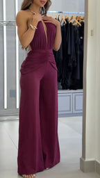 Halter Keyhole Ruched Wide Leg Jumpsuit