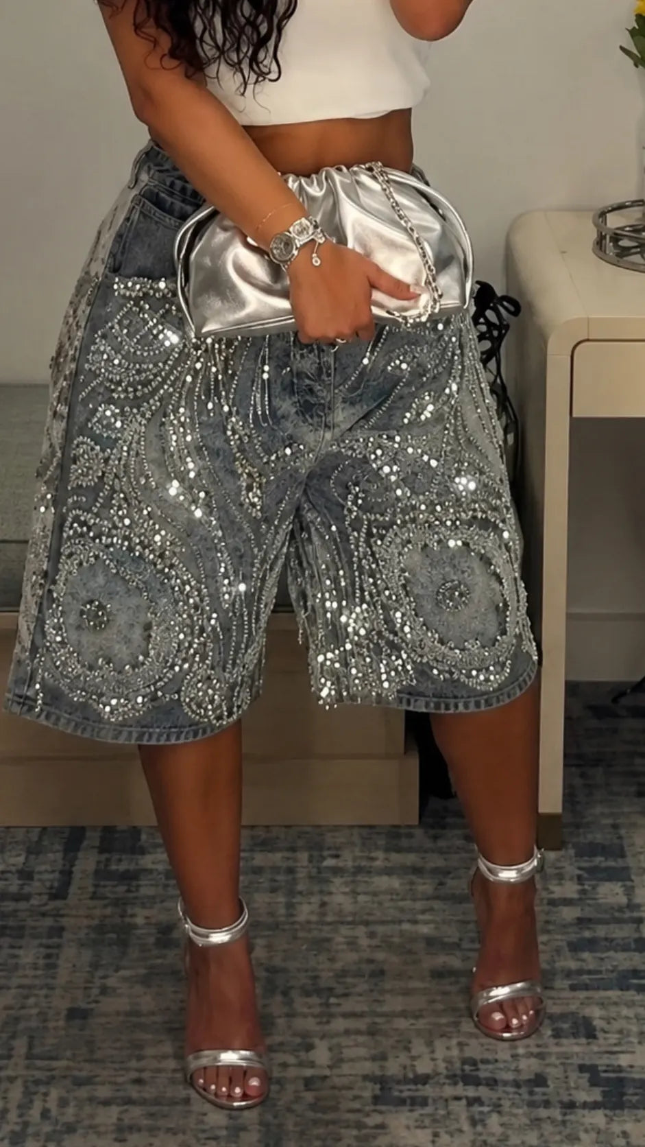 Rhinestone Embellished Denim Jort Shorts