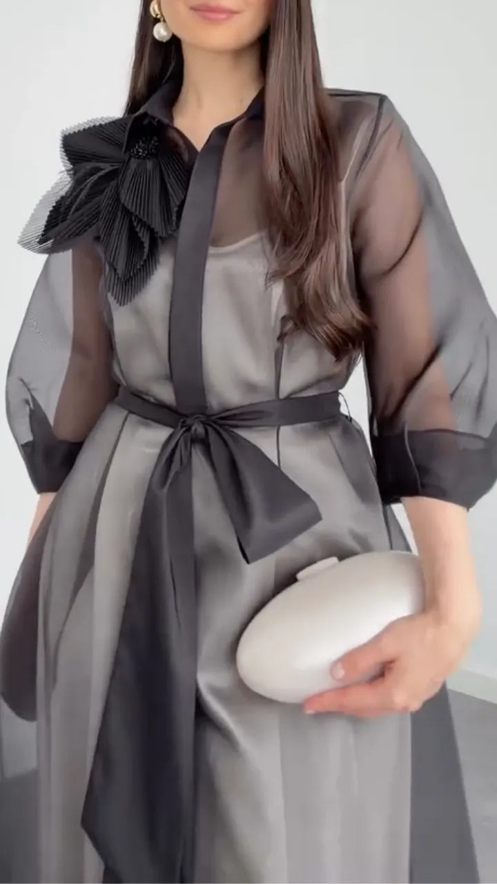 Women's Organza  Midi Dress Set With Bow Detail