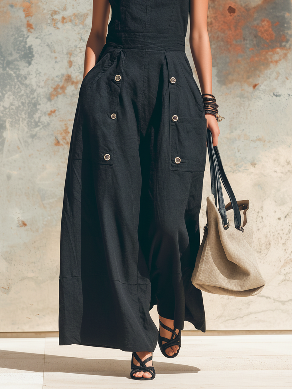 Black Linen-Blend Square Neck Utility Pocket Wide-Leg Jumpsuit