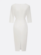 White Faux Pearl Classic Crew Neck Half Sleeve Sheath Midi Dress