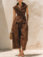 Chocolate Brown Cotton-Linen Blend Asymmetric Zip Vest & Barrel Pants Two-Piece Set