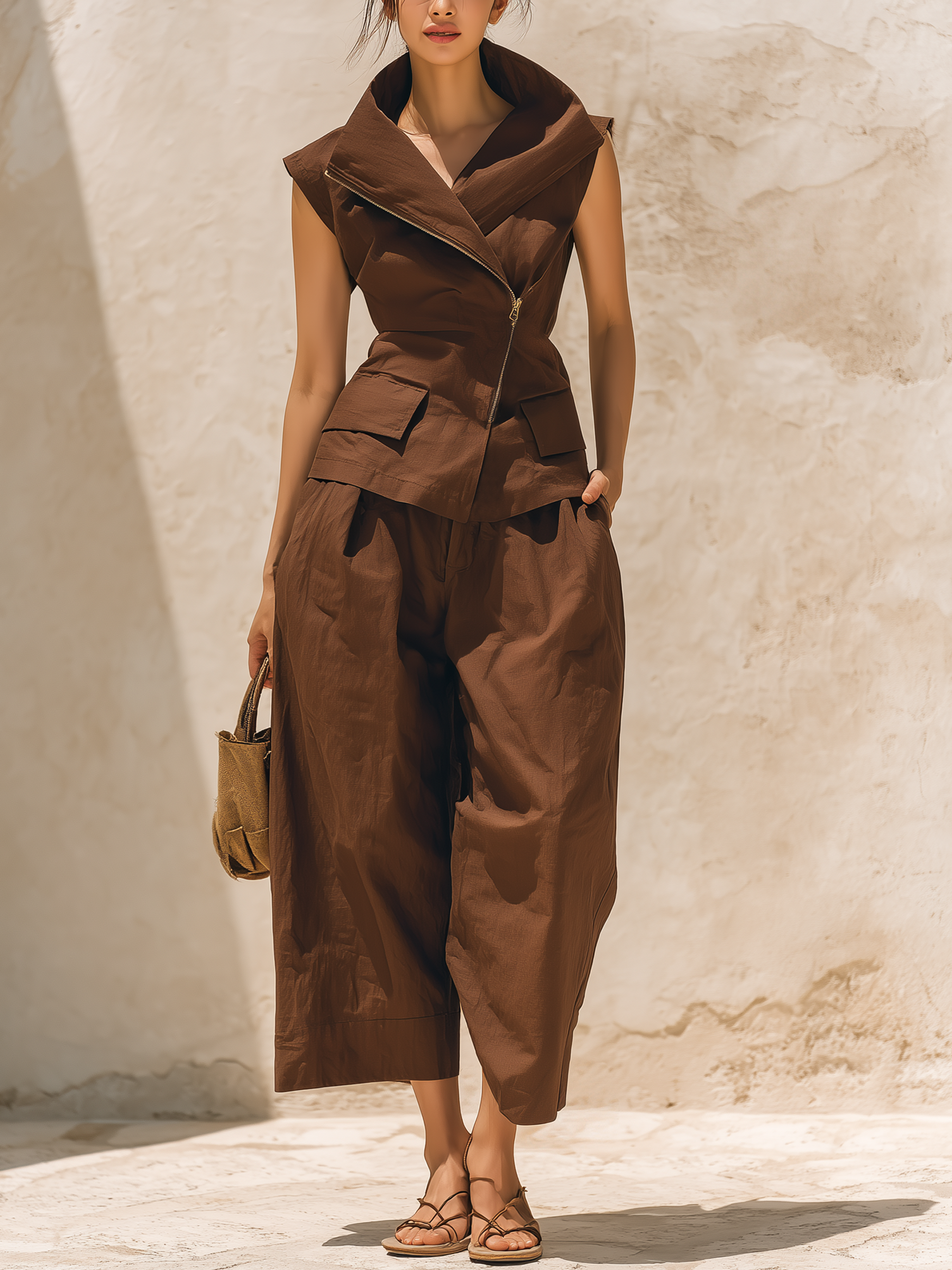 Chocolate Brown Cotton-Linen Blend Asymmetric Zip Vest & Barrel Pants Two-Piece Set