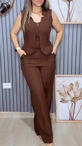 Sleeveless Vest & Wide Leg Pant Two‐Piece Suit