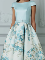 Elegant Boat Neck Cap Sleeve A-Line Midi Dress
