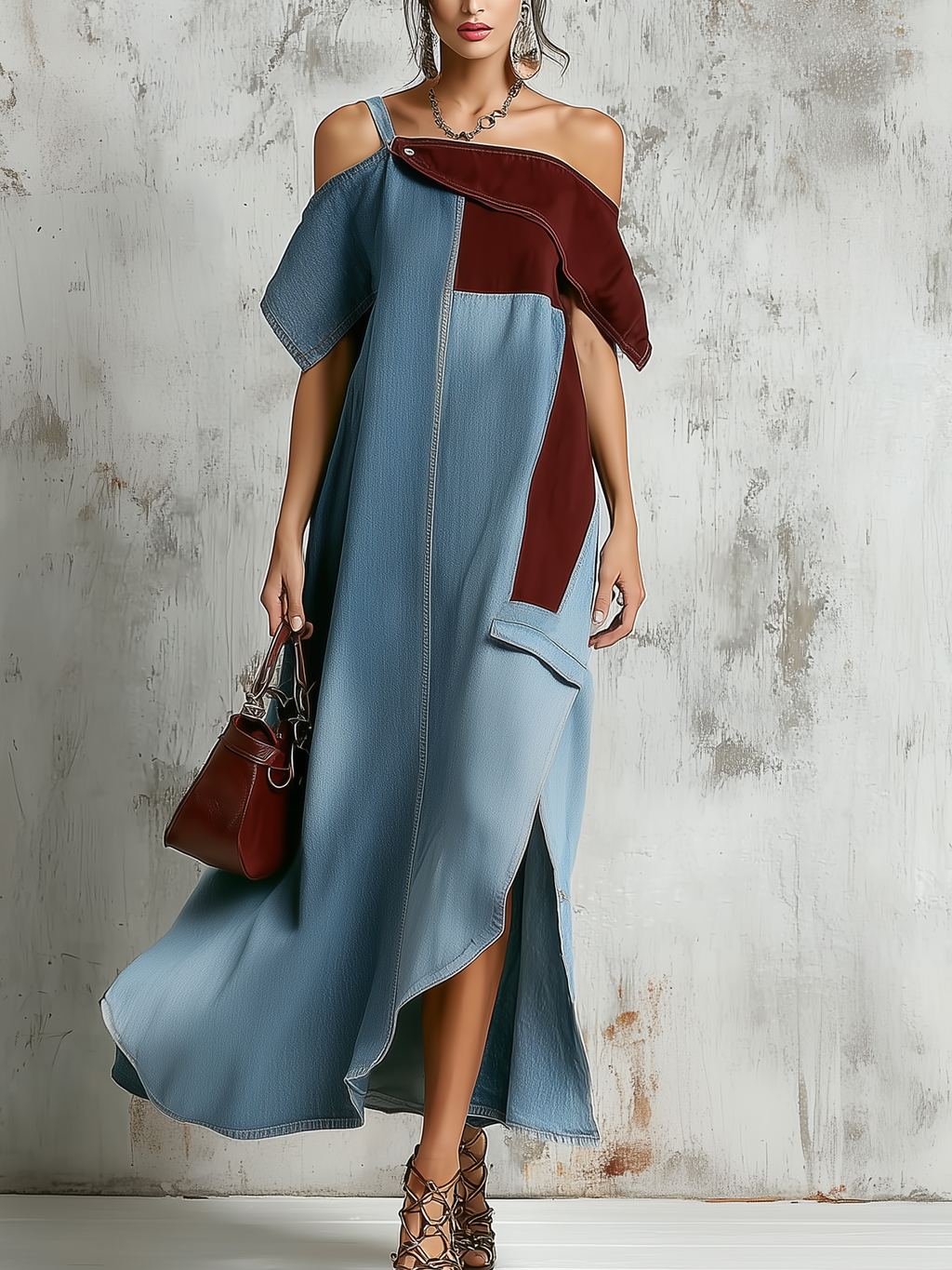 Cold-Shoulder Patchwork Denim Maxi Dress