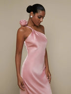 Pink Satin One-Shoulder 3D Floral Maxi Slip Dress