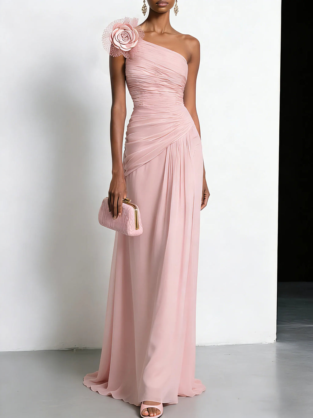 Pink Chiffon Removable 3D Floral Ruched Slit One Shoulder Sleeveless Sheath Gown Dress