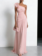 Pink Chiffon Removable 3D Floral Ruched Slit One Shoulder Sleeveless Sheath Gown Dress