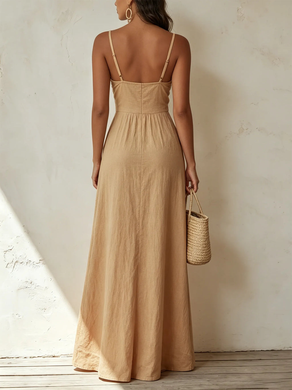 Beige Linen-Blend Bow-Front Button-Down Maxi Dress