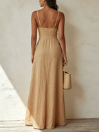 Beige Linen-Blend Bow-Front Button-Down Maxi Dress