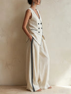 Cream Linen-Blend Double-Breasted Vest & Wide-Leg Trousers Co-ord Set