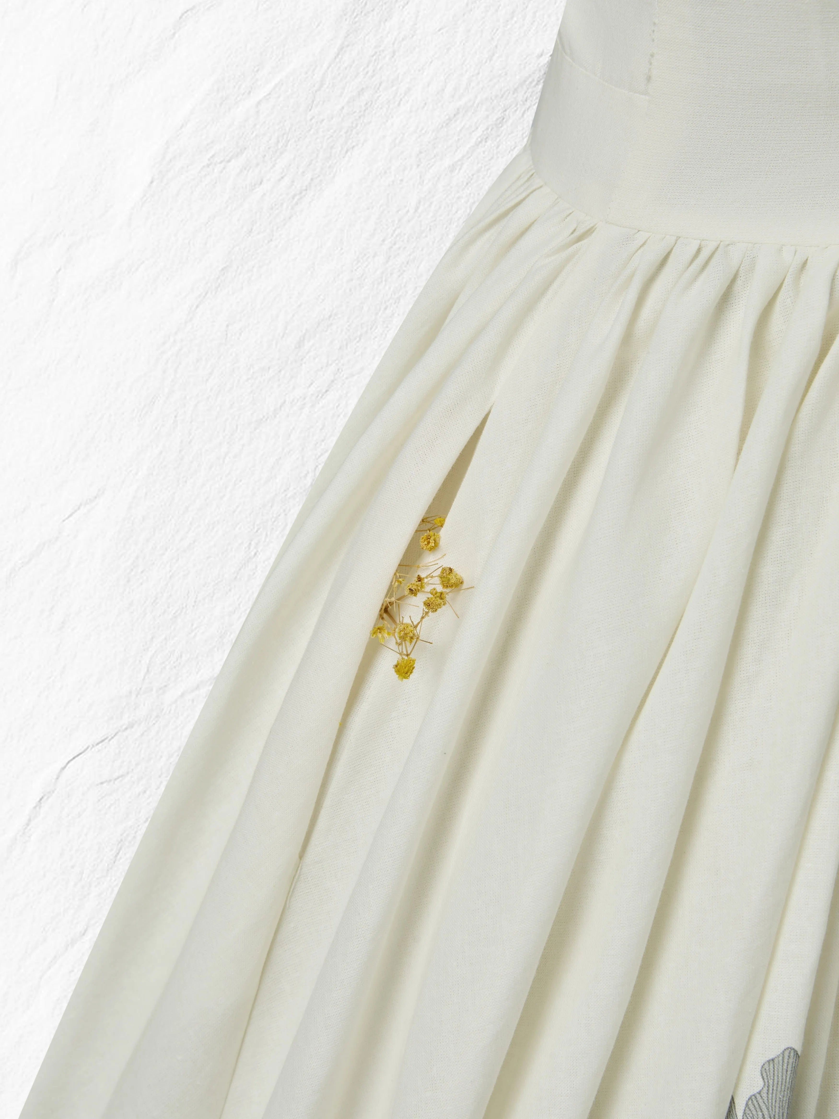 Midi Linen Dress , Sleeveless, Round Neck, Floral, Vacation, Vintage, White