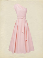 Maxi Cotton Dress , Sleeveless, One shoulder, Plain, Belt Design, Vintage, Light Pink