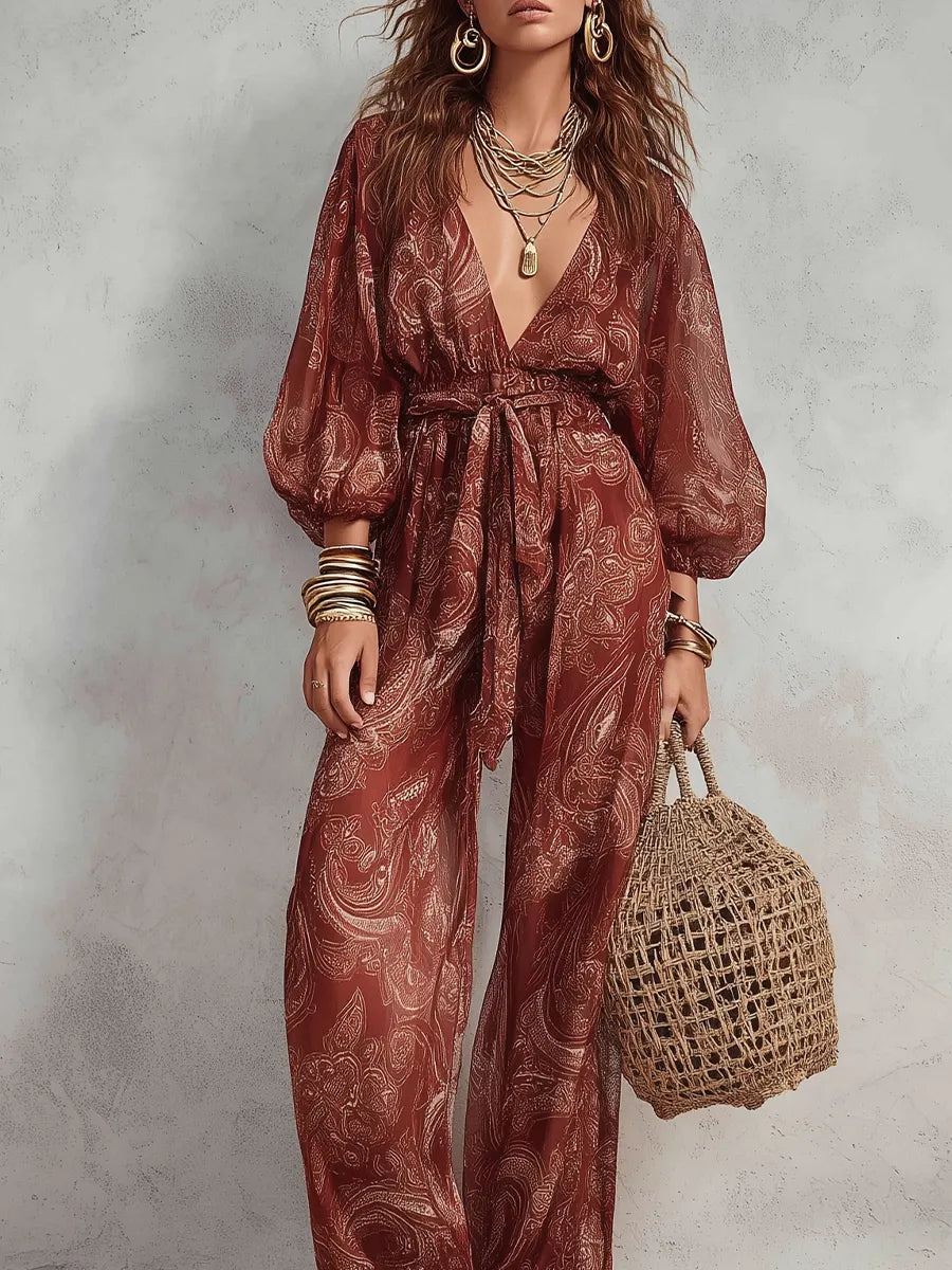 Brick Red Paisley Print Jumpsuit