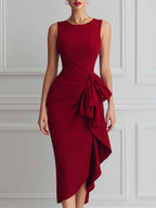 Asymmetric Draped Ruffle Waist Midi Dress