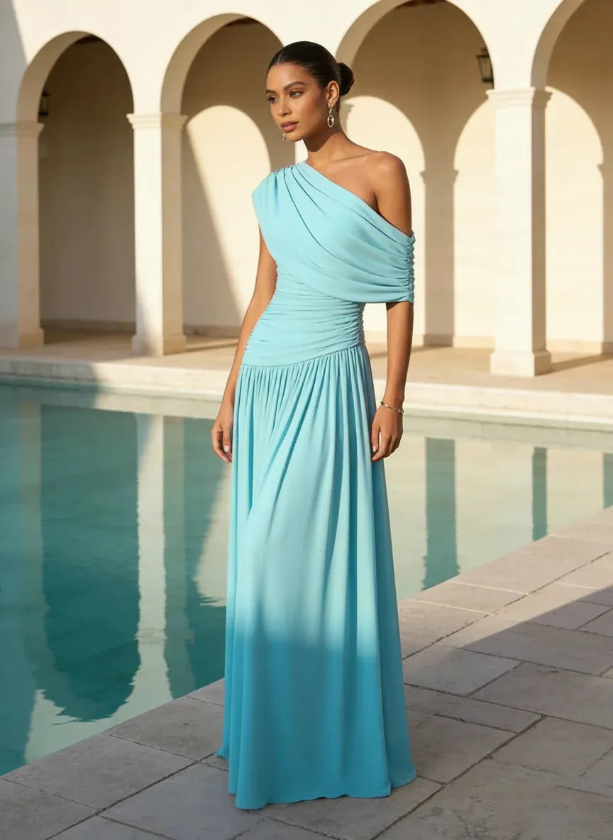 Cyan Ruched Knit Asymmetrical Sleeveless A-Line Floor-length Gown Dress