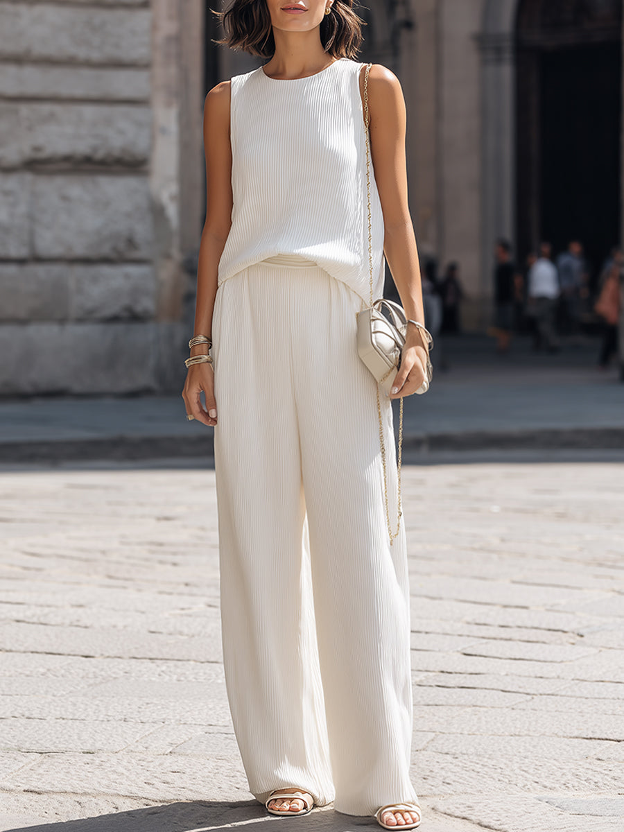 Pleated Sleeveless Relaxed Top And Wide-Leg Pants Set