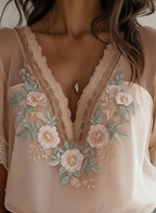 Elegant Floral Embroidered Sheer Lace Blouse - V-Neck Puff Sleeve Top