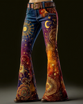 Women's star and moon embroidered tie-dye gradient flared pants cf22