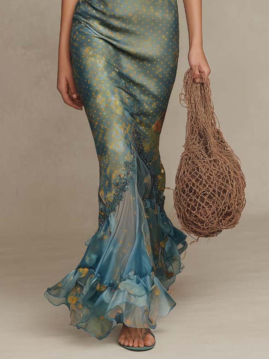Bohemian Lace-Trimmed Satin Mermaid Maxi Dress