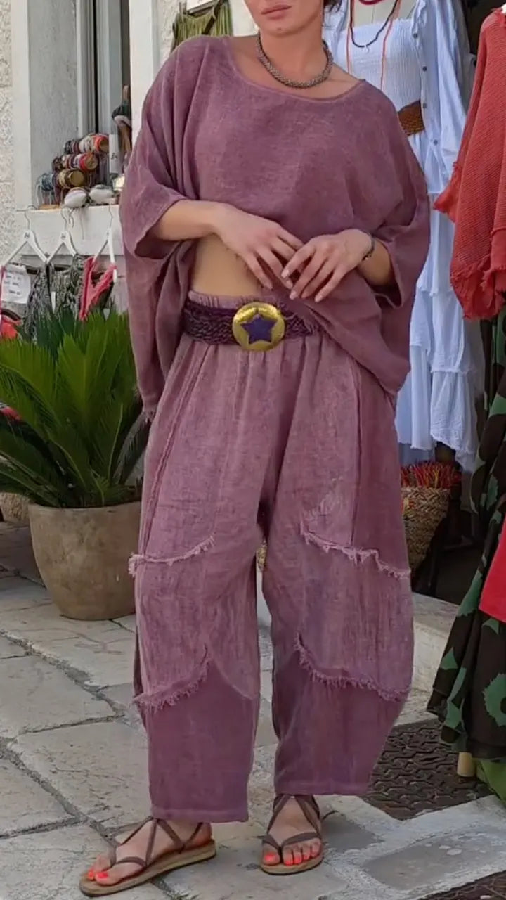 Mauve Frayed Linen Two Piece Set
