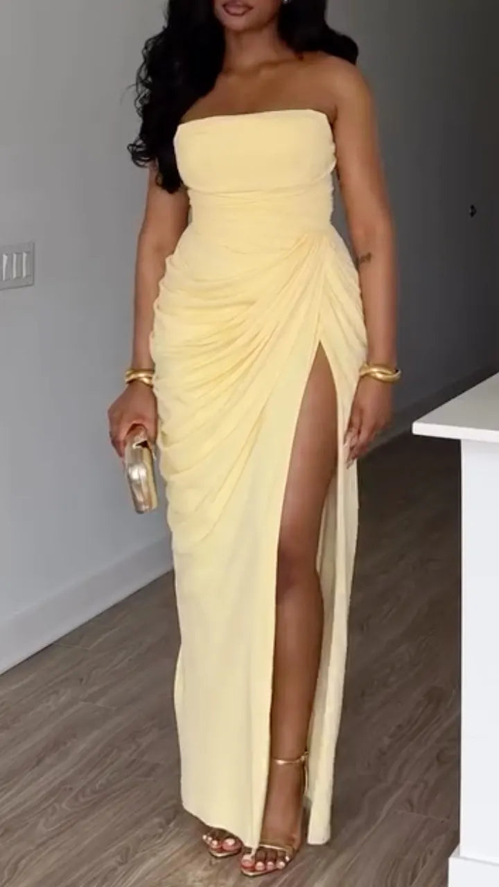 Strapless Ruched High Slit Maxi Dress