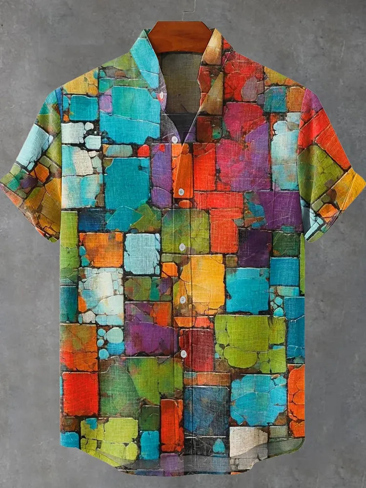 Mottled Aged Colored Squares Vintage Print Casual Cotton Shirt