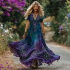 Women's Vintage Purple Roses Floral Embroidery Linen Short Sleeve Dress