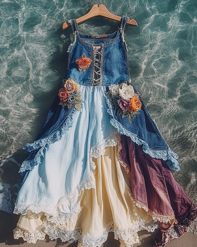 Summer Irregular Ruffle Denim Lace Patchwork Dress 16c2