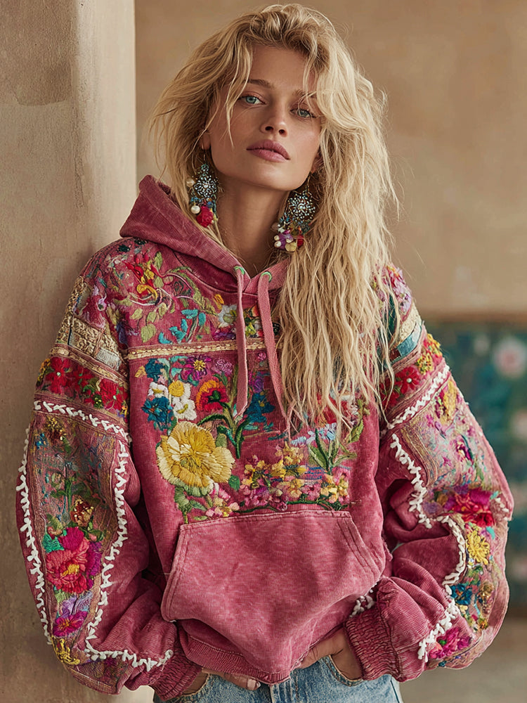 Women's Vintage Bohemian Floral Embroidery Long Sleeve Hoodie