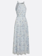 Light Blue Stamped Bronzing Jacquard Floral Chiffon Halter Sleeveless A-Line Maxi Dress